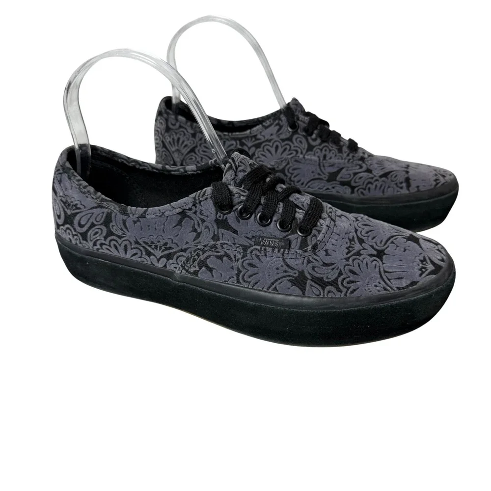 Vans Authentic Gray Black Floral Velvet Low Top Lace Up Sneakers Mens 7.5 Wo 9‎